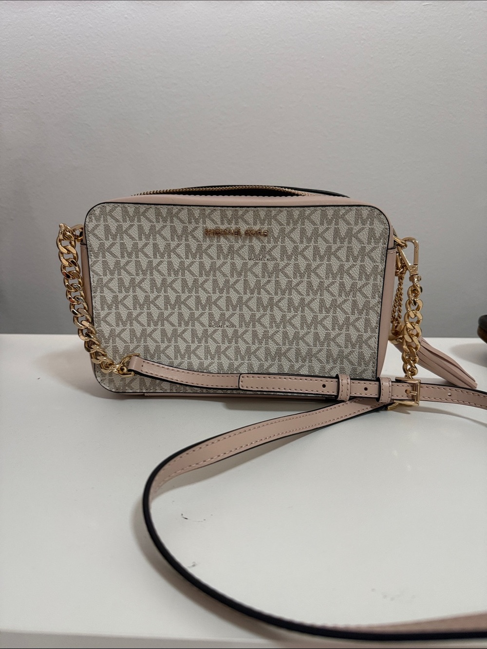 Michael Kors Beige and Pale Pink Logo Crossbody Bag